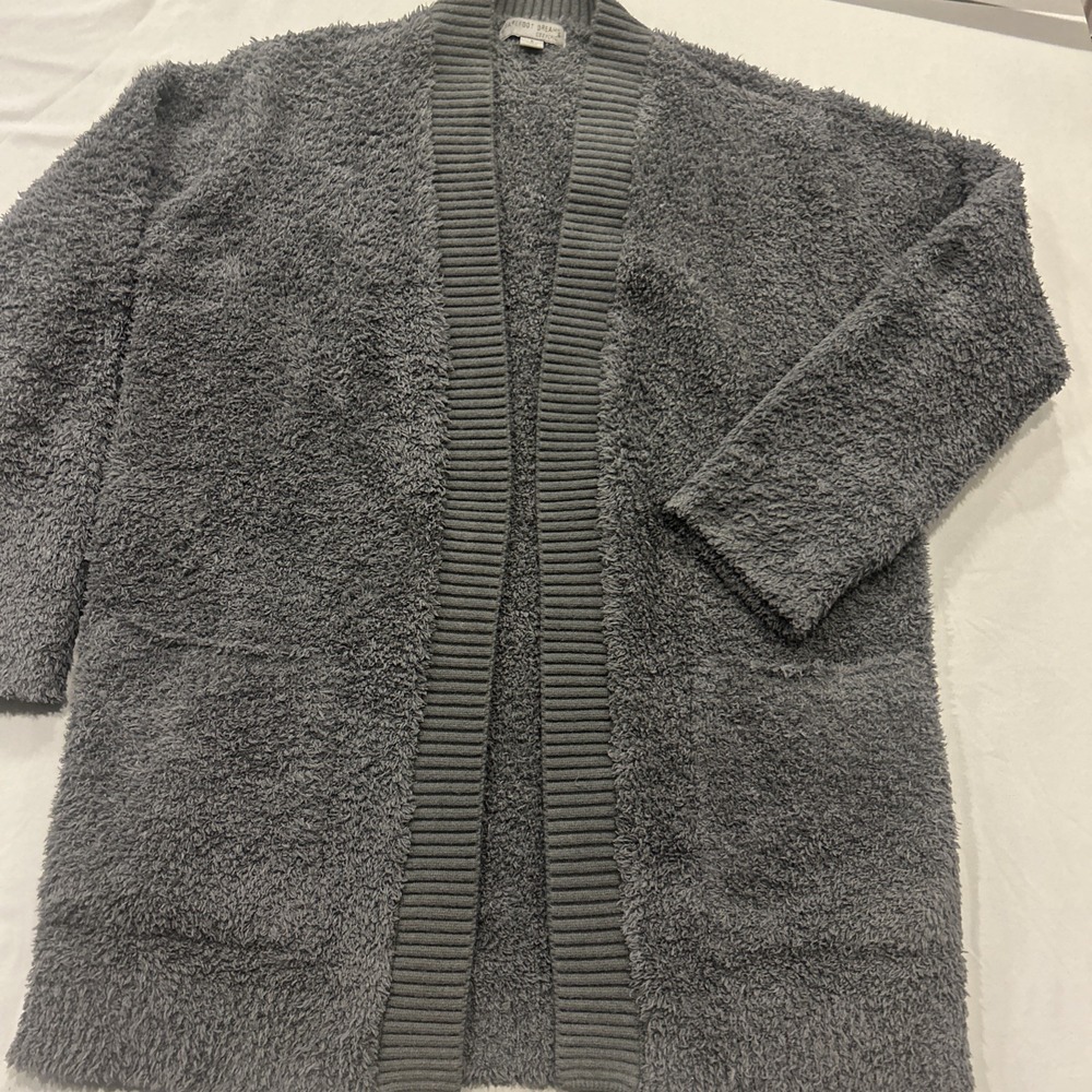Barefoot Dreams CozyChic Relaxed Open Front Cardigan Dark Gray Pockets Worn Once